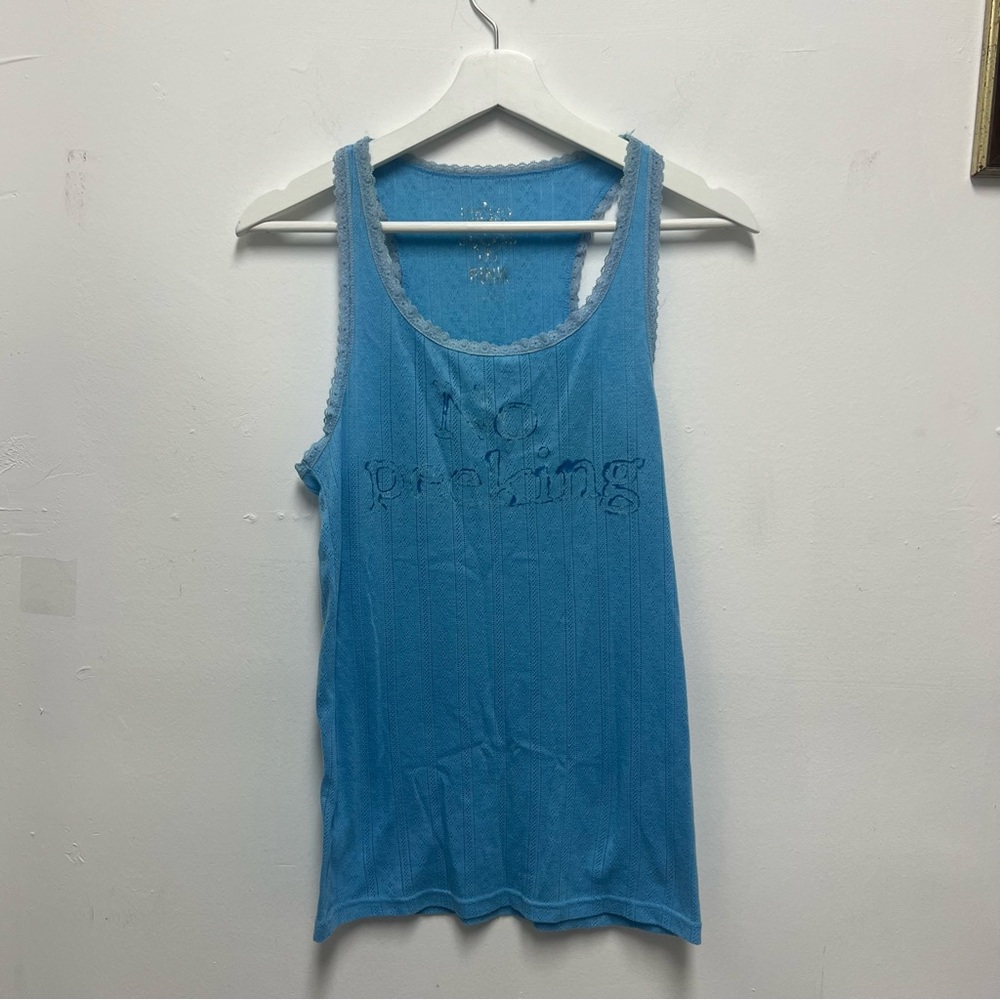 VINTAGE PINK Victoria's Secret Blue Tank Top with Lace Trim